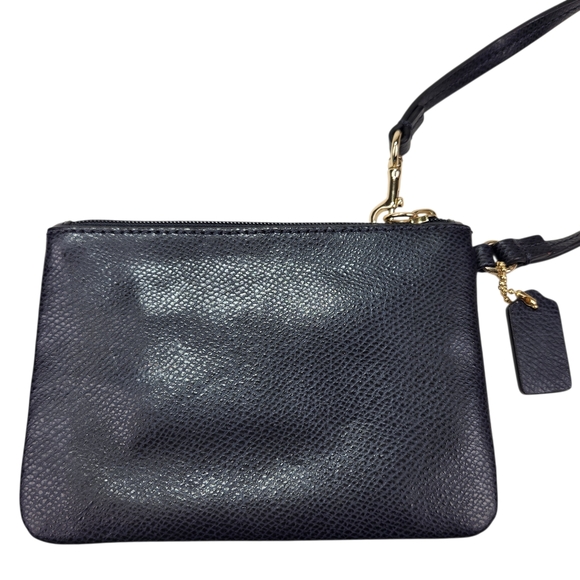 Coach Corner Zip Small Wristlet Crossgrain Leather Navy Blue Pouch Gold Hardware - Picture 3 of 10